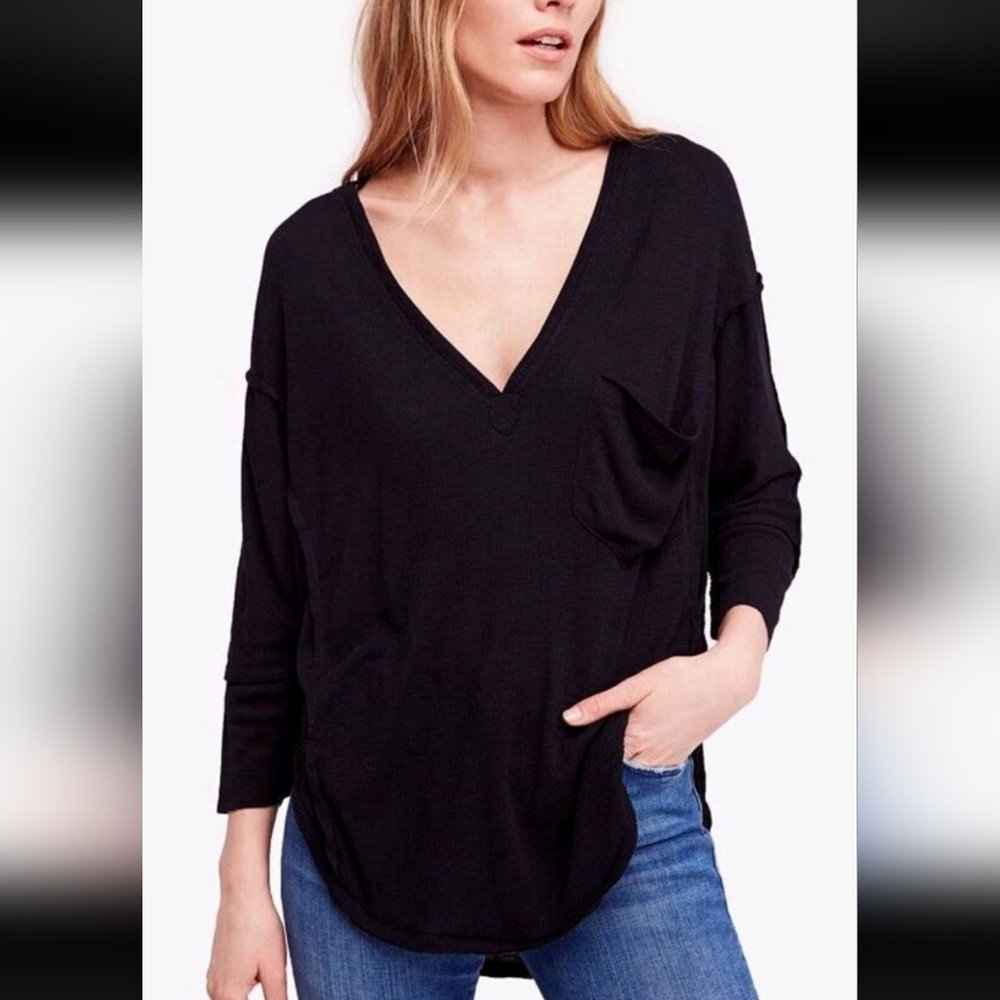 Free People Black Golden Gate Loose Flowy Quarter Sleeve Top